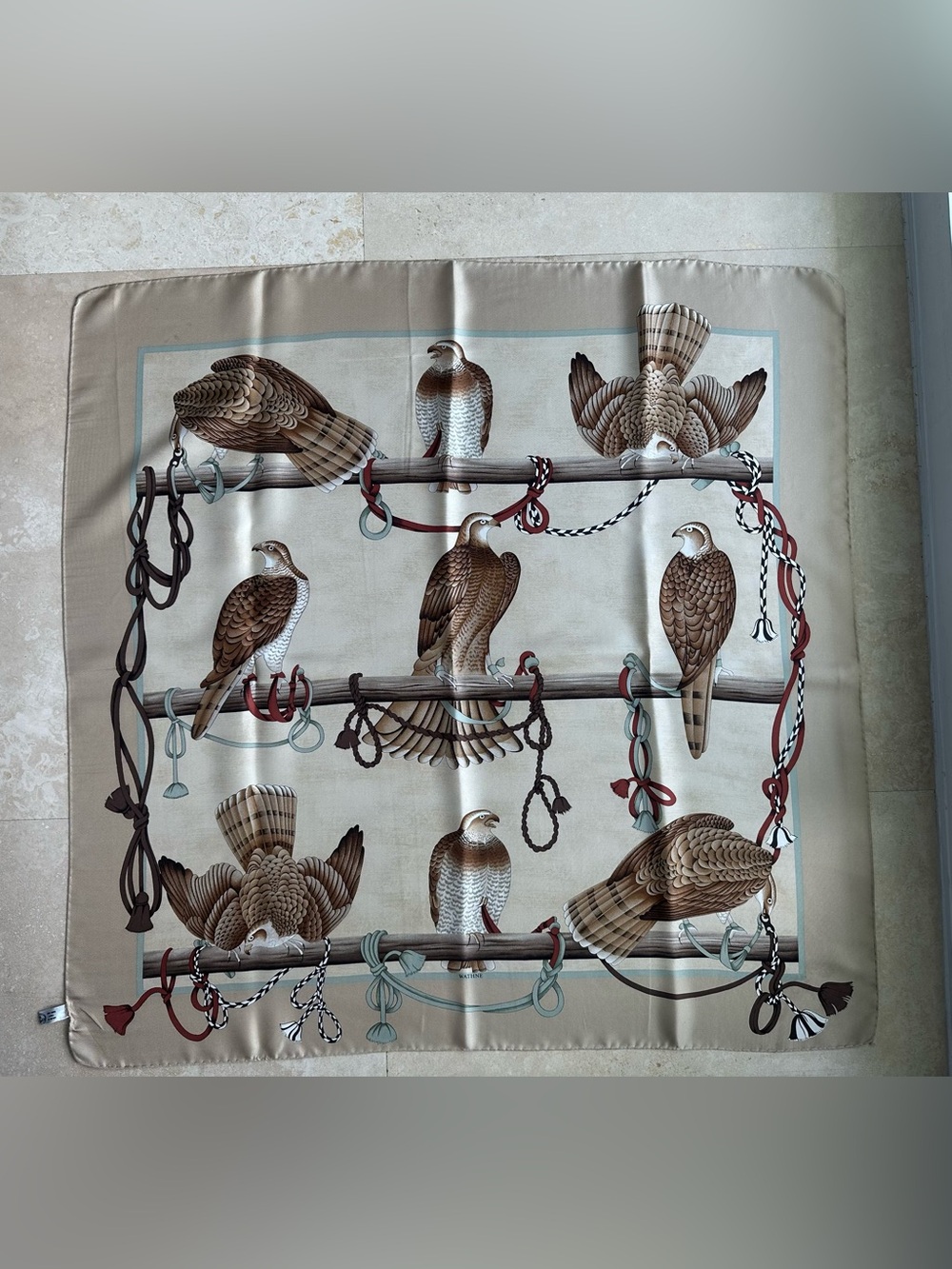 Vintage Wathne Beige & Brown Falcon Motif 100% Silk Square Scarf